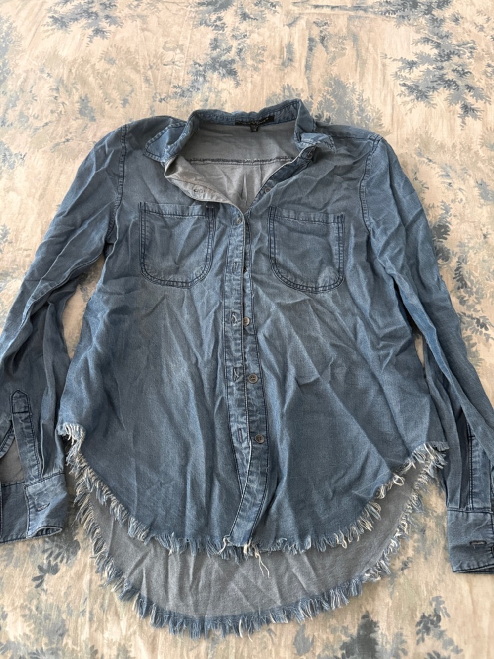 Frayed Hem Light Blue Denim Button-Up Shirt